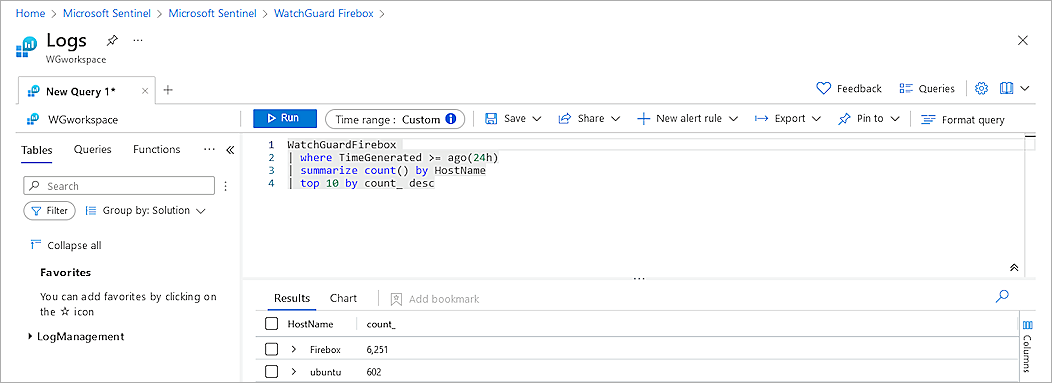 Screenshot of the Run query in the Logs section of the WatchGuard workspace in the Azure portal